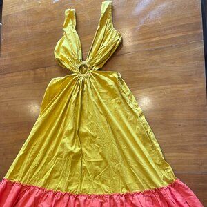 Bobbles & Lace Long V-Neck Dress – Mustard & Dark Coral, Size S – Side Cutouts &